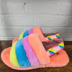 Ugg Fluff Yeah Slide 1124925K Girls Sheepskin Sandals Size 6 Rainbow Slingback